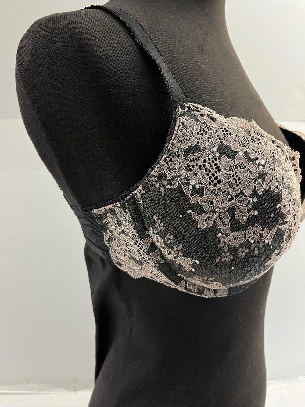 Victoria's Secret Black Bra with Beige Lace Overlay